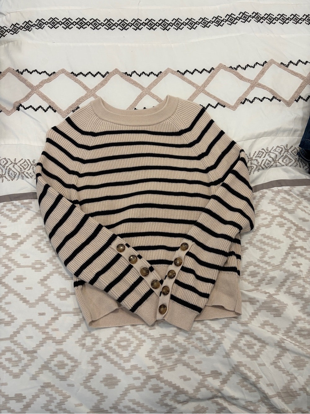 Sezane Beige and Black Striped Crewneck Sweater - Picture 2 of 5